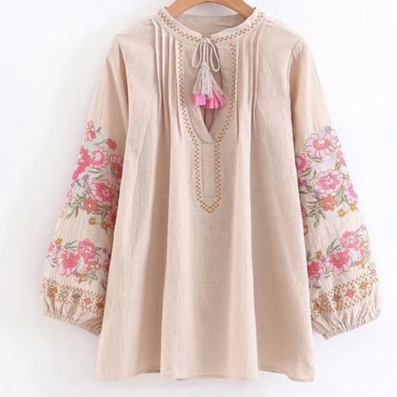 030 Boho Embroidered Floral Puff Sleeve Tassel Blouse - Picture 8 of 9